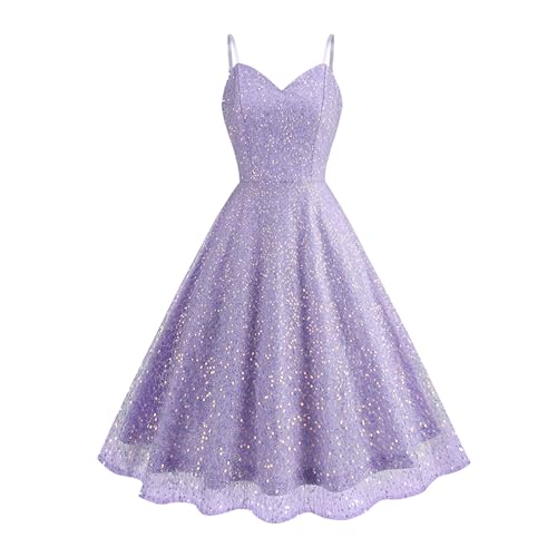 Odizli Glitzerkleid Damen Pailettenkleid Sexy Glitzer Pailletten Spaghettiträger Swing Partykleid Rockabilly 50er Jahre Vintage Cocktailkleid Festliche Party Kurz Ballkleid Abendkleid Lila L von Odizli