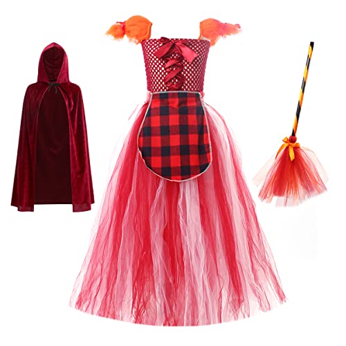 Odizli Halloween Kostüm Kinder Hexenkostüm Mädchen Sanderson Sisters Witch Verkleidung Tüll Kleider Hexenbesen Hexenhut Umhang Hexen Verkleidungskiste Karneval Cosplay Faschingskostüm Mary 4-5 Jahre von Odizli