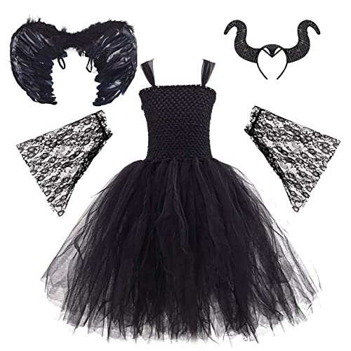 Odizli Halloween Kostüm Kinder Mädchen Teufel Hexenkostüm Gestrickte Tüllkleid Festkleid Engelsflügel Hörner Teufelshörner Karneval Party Cosplay Faschingskostüme Schwarz Schwarz 7-8 Jahre von Odizli
