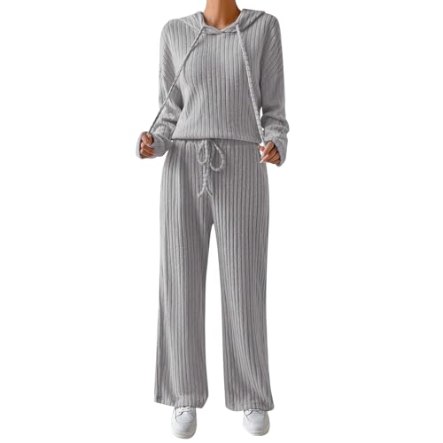 Odizli Hausanzug Damen Kuschelig Elegant Herbst Winter Langarm Pullover Top und Hosen Outfit Lounge Set Zweiteiler Loungewear Freizeit Anzüge Lang Schlafanzug Pyjama Frauen Jogginganzug Grau XL von Odizli