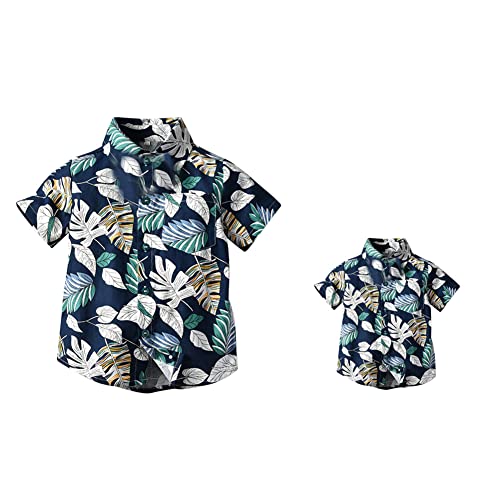 Odizli Hawaii Hemd Männer Herren Jungen Kinder Sommer Kurzarm Hawaiihemd Blumenmuster Herrenhemden Festival Kurzarmhemd Sommerhemd Freizeithemd Vater Sohn Partnerlook Dunkelblau Blätter 4-5 Jahre von Odizli