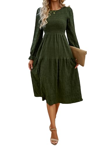 Odizli Herbstkleid Damen Elegant Herbst Winter Langarm Swing A Linien Kleid Fr�hlingskleid Festlich Hochzeit Hochzeitsgast Lang Winterkleid Damenkleid Midikleid Freizeitkleid Olivgr�n S von Odizli