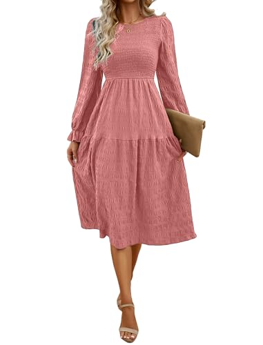 Odizli Herbstkleid Damen Elegant Herbst Winter Langarm Swing A Linien Kleid Frühlingskleid Festlich Hochzeit Hochzeitsgast Lang Winterkleid Damenkleid Midikleid Freizeitkleid Rosa S von Odizli