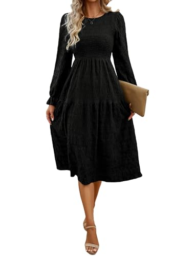 Odizli Herbstkleid Damen Elegant Herbst Winter Langarm Swing A Linien Kleid Frühlingskleid Festlich Hochzeit Hochzeitsgast Lang Winterkleid Damenkleid Midikleid Freizeitkleid Schwarz L von Odizli