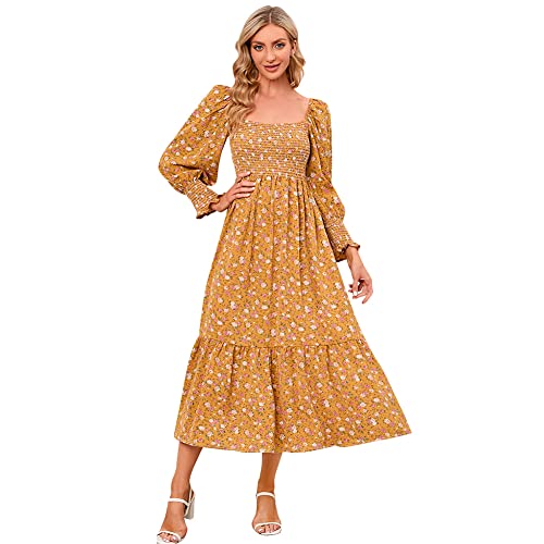 Odizli Herbstkleid Damen Elegant Langarm Blumenkleid Boho Style Midi Kleid Lang Sommerkleid Festlich Hochzeit Hochzeitsgast Herbst Winter Freizeitkleid Abendkleid Maxikleid Partykleid Gelb Blume L von Odizli