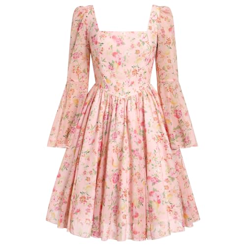 Odizli Herbstkleid Damen Knielang Elegant Sommer Herbst Langarm Swing Chiffonkleid Boho Blumenkleid Sommerkleid Hochzeit Festlich Hochzeitsg�ste Korsett Kleider Corset Milkmaid Dress Rosa L von Odizli