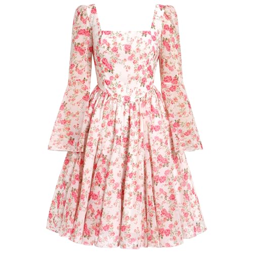 Odizli Herbstkleid Damen Knielang Elegant Sommer Herbst Langarm Swing Chiffonkleid Boho Blumenkleid Sommerkleid Hochzeit Festlich Hochzeitsg�ste Korsett Kleider Corset Milkmaid Dress Wei� Rosa L von Odizli