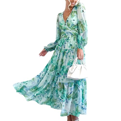 Odizli Herbstkleid Damen Lang Sommerkleid Elegant Langarm Sexy V-Ausschnitt Boho Kleid Blumenkleid Freizeitkleid Maxikleid Sommer Herbst Festlich Hochzeit Hochzeitsgast Abendkleid Mintgrün L von Odizli