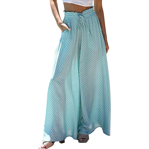 Odizli Hosenrock Damen Lang Boho Blume Chiffon Weite Hose Palazzo Schlaghose High Waist Culotte Baggy Strandhose Leicht Sommerhose Locker Flare Marlenehose Haremshose Freizeithose Blau Blume L von Odizli