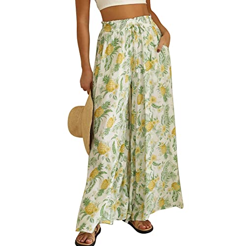 Odizli Hosenrock Damen Lang Boho Blume Chiffon Weite Hose Palazzo Schlaghose High Waist Culotte Baggy Strandhose Leicht Sommerhose Locker Flare Marlenehose Haremshose Freizeithose Stoffhose Ananas XXL von Odizli