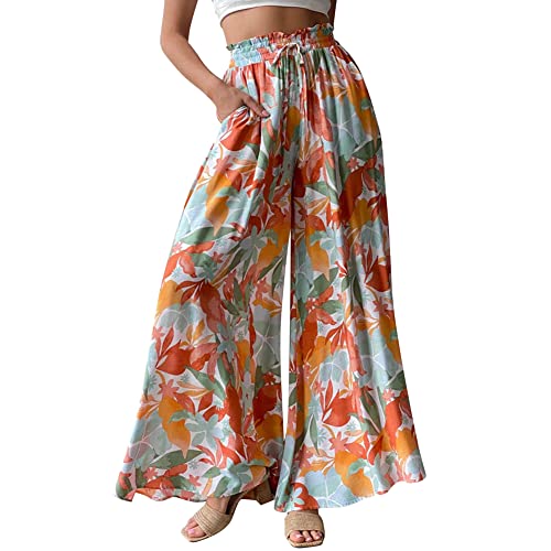 Odizli Hosenrock Damen Lang Boho Blume Chiffon Weite Hose Palazzo Schlaghose High Waist Culotte Baggy Strandhose Leicht Sommerhose Locker Flare Marlenehose Haremshose Freizeithose Stoffhose Bunt L von Odizli