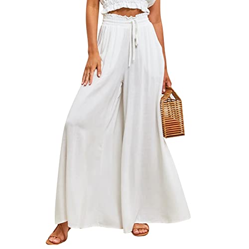 Odizli Hosenrock Damen Lang Boho Blume Chiffon Weite Hose Palazzo Schlaghose High Waist Culotte Baggy Strandhose Leicht Sommerhose Locker Flare Marlenehose Haremshose Freizeithose Stoffhose Weiß L von Odizli