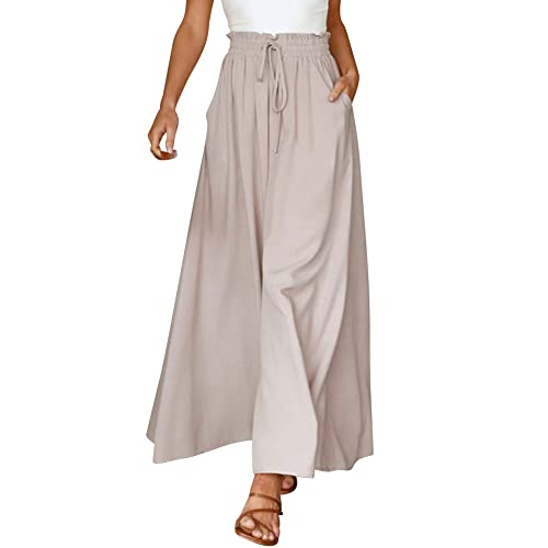 Odizli Hosenrock Damen Lang Boho Blume Chiffon Weite Hose Palazzo Schlaghose High Waist Culotte Baggy Strandhose Leicht Sommerhose Locker Marlenehose Haremshose Freizeithose Stoffhose Aprikose M von Odizli