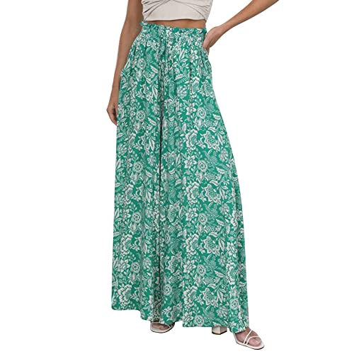 Odizli Hosenrock Damen Lang Boho Blume Chiffon Weite Hose Palazzo Schlaghose High Waist Culotte Baggy Strandhose Leicht Sommerhose Locker Marlenehose Haremshose Freizeithose Stoffhose Grün Blume L von Odizli