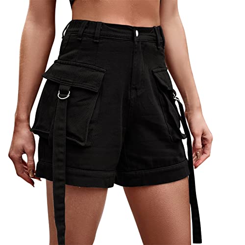 Odizli Jeans Shorts Damen Cargo Kurze Hose Y2K Frauen Denim Vintage Sexy High Waist Hotpants Sommer Casual Rave Festival Streetwear mit Taschen Schwarz #2 L von Odizli