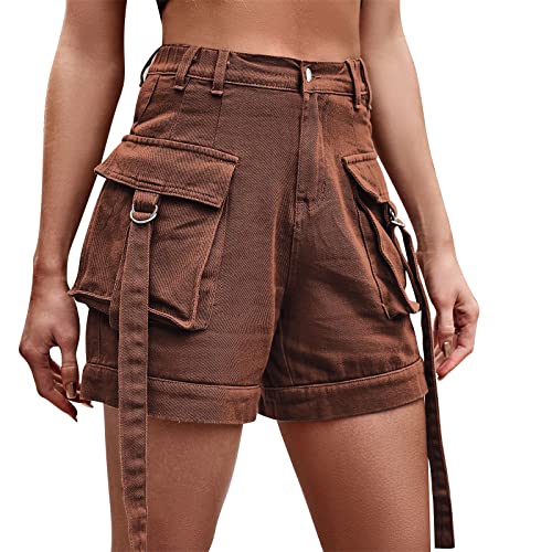 Odizli Jeans Shorts Damen Y2K Cargo Kurze Hose Frauen Denim Vintage Sexy High Waist Hotpants Sommer Casual Rave Festival Streetwear mit Taschen Braun #2 M von Odizli