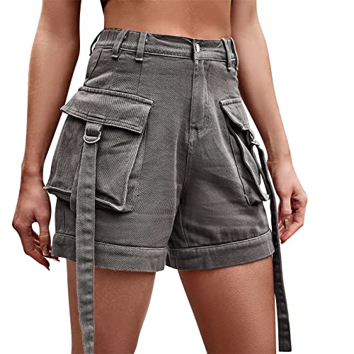 Odizli Jeans Shorts Damen Y2K Cargo Kurze Hose Frauen Denim Vintage Sexy High Waist Hotpants Sommer Casual Rave Festival Streetwear mit Taschen Grau #2 M von Odizli