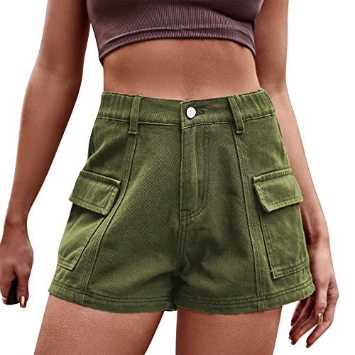 Odizli Jeans Shorts Damen Y2K Cargo Kurze Hose Frauen Denim Vintage Sexy High Waist Hotpants Sommer Casual Rave Festival Streetwear mit Taschen Grün #1 XL von Odizli