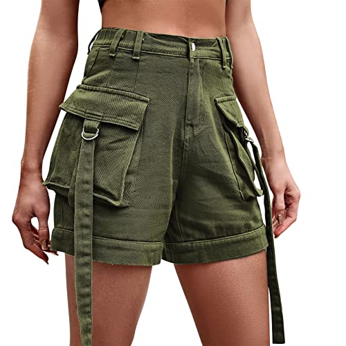 Odizli Jeans Shorts Damen Y2K Cargo Kurze Hose Frauen Denim Vintage Sexy High Waist Hotpants Sommer Casual Rave Festival Streetwear mit Taschen Grün #2 S von Odizli