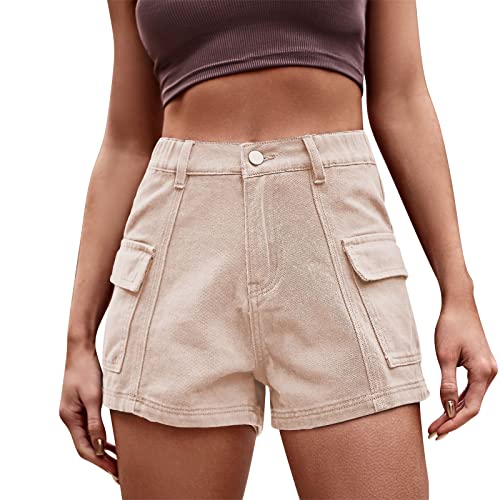 Odizli Jeans Shorts Damen Y2K Cargo Kurze Hose Frauen Denim Vintage Sexy High Waist Hotpants Sommer Casual Rave Festival Streetwear mit Taschen Khaki #1 M von Odizli