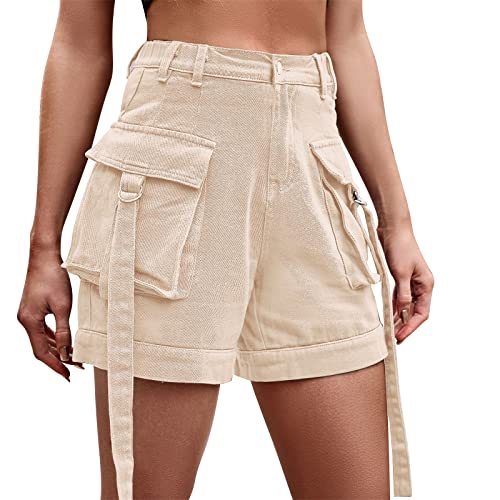 Odizli Jeans Shorts Damen Y2K Cargo Kurze Hose Frauen Denim Vintage Sexy High Waist Hotpants Sommer Casual Rave Festival Streetwear mit Taschen Khaki XL von Odizli