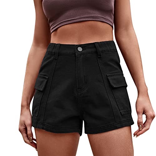 Odizli Jeans Shorts Damen Y2K Cargo Kurze Hose Frauen Denim Vintage Sexy High Waist Hotpants Sommer Casual Rave Festival Streetwear mit Taschen Schwarz #1 XL von Odizli