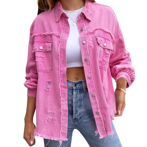 Odizli Jeansjacke Damen Lang Oversize Vintage Langarm Mode Ripped Fransen Jeanshemd Boyfriend Cowgirl Denim Jeans Jacken Fr�hling Herbst Coat Outwear Rosa M von Odizli