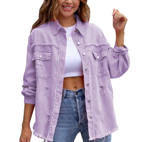 Odizli Jeansjacke Damen Lang Oversize Vintage Langarm Mode Ripped Fransen Jeanshemd Boyfriend Cowgirl Denim Jeans Jacken Frühling Herbst Coat Outwear Lavendel XXL von Odizli