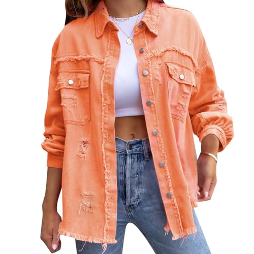 Odizli Jeansjacke Damen Lang Oversize Vintage Langarm Mode Ripped Fransen Jeanshemd Boyfriend Cowgirl Denim Jeans Jacken Frühling Herbst Coat Outwear Orange L von Odizli