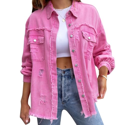 Odizli Jeansjacke Damen Lang Oversize Vintage Langarm Mode Ripped Fransen Jeanshemd Boyfriend Cowgirl Denim Jeans Jacken Frühling Herbst Coat Outwear Rosa L von Odizli