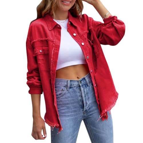 Odizli Jeansjacke Damen Lang Oversize Vintage Langarm Mode Ripped Fransen Jeanshemd Boyfriend Cowgirl Denim Jeans Jacken Frühling Herbst Coat Outwear Rot L von Odizli