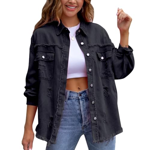 Odizli Jeansjacke Damen Lang Oversize Vintage Langarm Mode Ripped Fransen Jeanshemd Boyfriend Cowgirl Denim Jeans Jacken Frühling Herbst Coat Outwear Schwarz XXL von Odizli