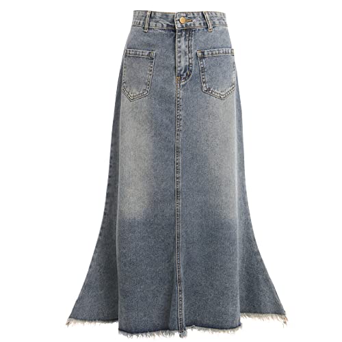 Odizli Jeansrock Damen Lang Sexy Y2K Rock Elegant Vintage Denim Rohen Saum Stretch High Waist Bleistiftrock Midi Maxi Röcke Teenager Mädchen Frauen Sommer Casual Wickelrock mit Schlitz Blau #A M von Odizli