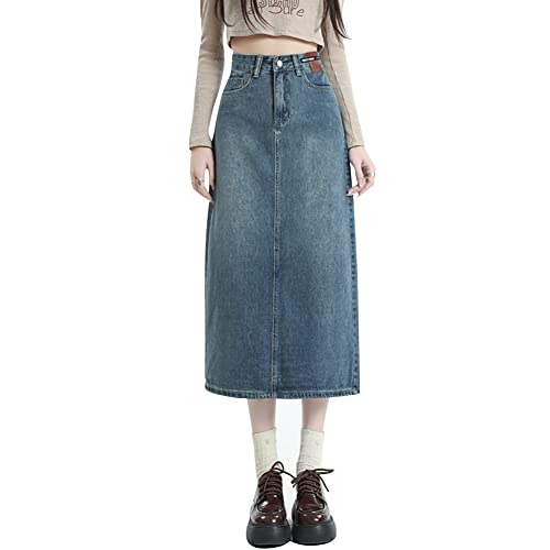 Odizli Jeansrock Damen Lang Sexy Y2K Rock Elegant Vintage Denim Rohen Saum Stretch High Waist Bleistiftrock Midi Maxi Röcke Teenager Mädchen Frauen Sommer Casual Wickelrock mit Schlitz Blau #C L von Odizli