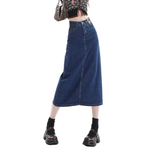 Odizli Jeansrock Damen Lang Sexy Y2K Rock Elegant Vintage Denim Rohen Saum Stretch High Waist Bleistiftrock Midi Maxi Röcke Teenager Mädchen Frauen Sommer Casual Wickelrock mit Schlitz Blau #D L von Odizli