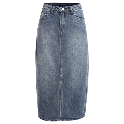 Odizli Jeansrock Damen Lang Sexy Y2K Rock Elegant Vintage Denim Rohen Saum Stretch High Waist Bleistiftrock Midi Maxi Röcke Teenager Mädchen Frauen Sommer Casual Wickelrock mit Schlitz Blau #F M von Odizli