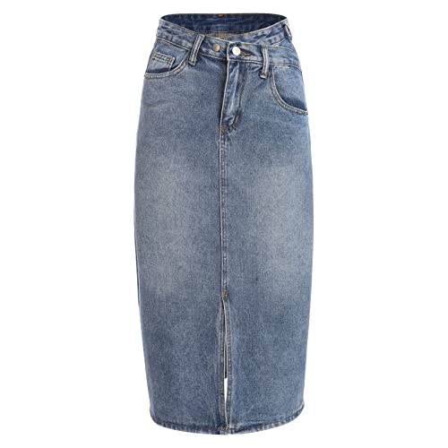 Odizli Jeansrock Damen Lang Sexy Y2K Rock Elegant Vintage Denim Rohen Saum Stretch High Waist Bleistiftrock Midi Maxi Röcke Teenager Mädchen Frauen Sommer Casual Wickelrock mit Schlitz Blau #G L von Odizli