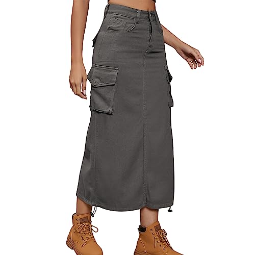 Odizli Jeansrock Damen Lang Y2K Cargo Rock Vintage Denim Kordelzug Rüschen High Waist Bleistift Midi Maxi Röcke Klamotten Teenager Mädchen Frauen Sommer Casual Streetwear mit Taschen Dunkelgrau XXL von Odizli