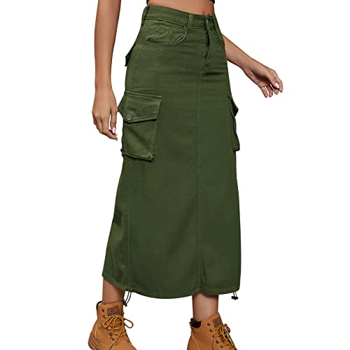 Odizli Jeansrock Damen Lang Y2K Cargo Rock Vintage Denim Kordelzug Rüschen High Waist Bleistift Midi Maxi Röcke Klamotten Teenager Mädchen Frauen Sommer Casual Streetwear mit Taschen Grün #1 L von Odizli