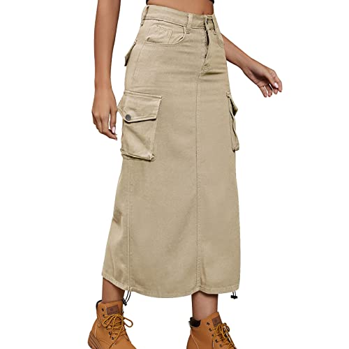 Odizli Jeansrock Damen Lang Y2K Cargo Rock Vintage Denim Kordelzug Rüschen High Waist Bleistift Midi Maxi Röcke Klamotten Teenager Mädchen Frauen Sommer Casual Streetwear mit Taschen Khaki #1 M von Odizli