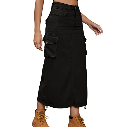 Odizli Jeansrock Damen Lang Y2K Cargo Rock Vintage Denim Kordelzug Rüschen High Waist Bleistift Midi Maxi Röcke Klamotten Teenager Mädchen Frauen Sommer Casual Streetwear mit Taschen Schwarz #1 L von Odizli