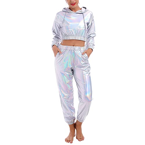 Odizli Jogginganzug Damen Set Glitzer Metallic 70er 80er 90er Jahre Outfit Langarm Kapuzen Bauchfrei Crop Top+Cargohose Jogginghose 2tlg Trainingsanzug Fitness Gym Workout Sportanzug Laser Silber S von Odizli