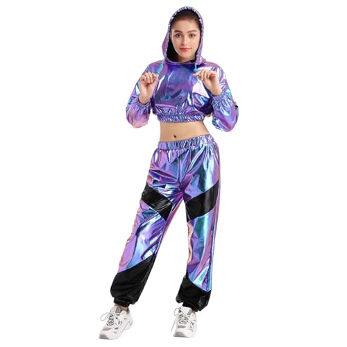Odizli Jogginganzug Damen Set Glitzer Metallic 70er 80er 90er Jahre Outfit Langarm Kapuzen Bauchfrei Crop Top+Cargohose Jogginghose 2tlg Trainingsanzug Fitness Gym Workout Sportanzug Lila Schwarz XXL von Odizli