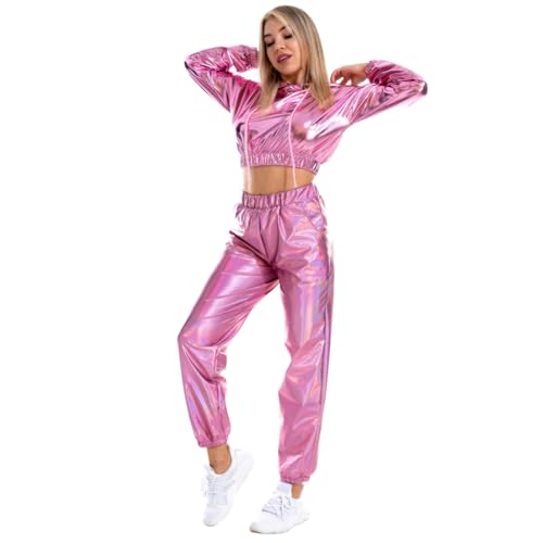 Odizli Jogginganzug Damen Set Glitzer Metallic 70er 80er 90er Jahre Outfit Langarm Kapuzen Bauchfrei Crop Top+Cargohose Jogginghose 2tlg Trainingsanzug Fitness Gym Workout Sportanzug Rosa S von Odizli