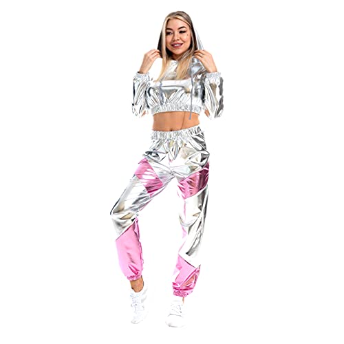 Odizli Jogginganzug Damen Set Glitzer Metallic 70er 80er 90er Jahre Outfit Langarm Kapuzen Bauchfrei Crop Top+Cargohose Jogginghose 2tlg Trainingsanzug Fitness Gym Workout Sportanzug Rosa Silber M von Odizli