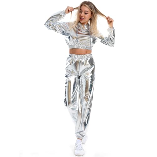 Odizli Jogginganzug Damen Set Glitzer Metallic 70er 80er 90er Jahre Outfit Langarm Kapuzen Bauchfrei Crop Top+Cargohose Jogginghose 2tlg Trainingsanzug Fitness Gym Workout Sportanzug Silber XXL von Odizli