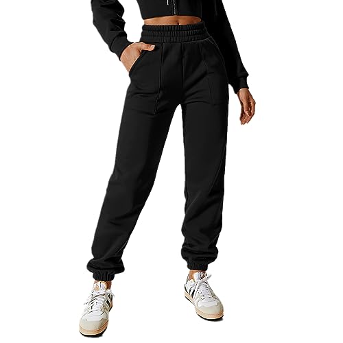 Odizli Jogginghose Damen Lang Baggy Winter Fleece Gefütterte Warme Hose Thermohose High Waist Gummizug Damenhose Joggpants Sweathose Sweatpants mit Taschen Sporthose Trainingshose Schwarz L von Odizli