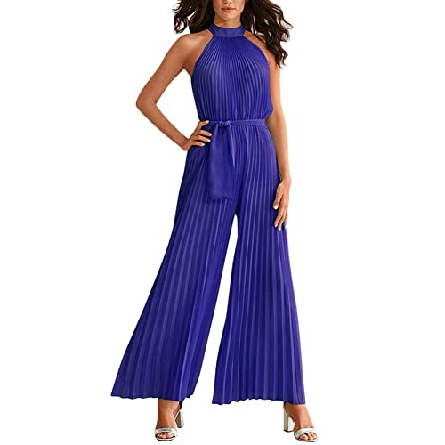 Odizli Jumpsuit Damen Elegant Hochzeit Lang Sexy Ärmellos Neckholder Plissee Weite Hose Sommer Overall Frauen Festlich Hochzeitsgäste Party Business Hosenanzug Playsuit Große Größen Royal Blau XXL von Odizli