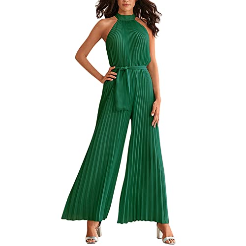 Odizli Jumpsuit Damen Elegant Hochzeit Lang Sexy Ärmellos Neckholder Plissee Weite Hose Sommer Overall Frauen Festlich Hochzeitsgäste Party Business Hosenanzug Playsuit Romper Große Größen Grün M von Odizli