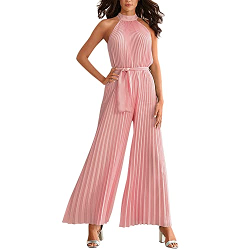 Odizli Jumpsuit Damen Elegant Hochzeit Lang Sexy Ärmellos Neckholder Plissee Weite Hose Sommer Overall Frauen Festlich Hochzeitsgäste Party Business Hosenanzug Playsuit Romper Große Größen Rosa L von Odizli